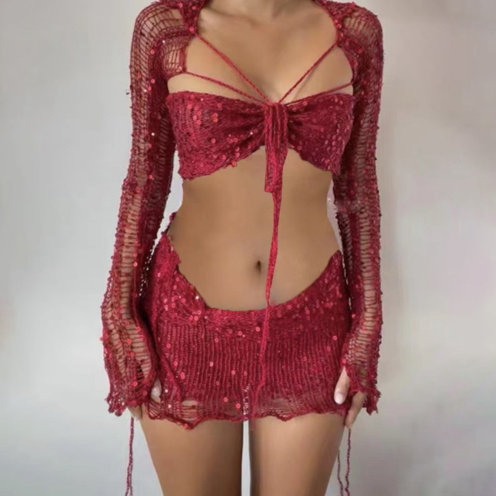 thumbnail image 2 of Conjunto de punto de 3 piezas para mujer: top corto de cuello alto y falda, textura acanalada, hilo de lentejuelas, moderno para fiestas y looks informales., 2 of 4
